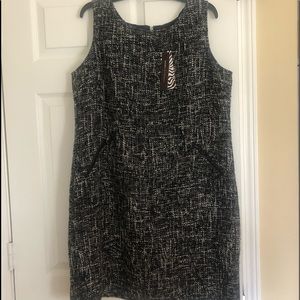 NWT black and white lined tweed dress;leather trim
